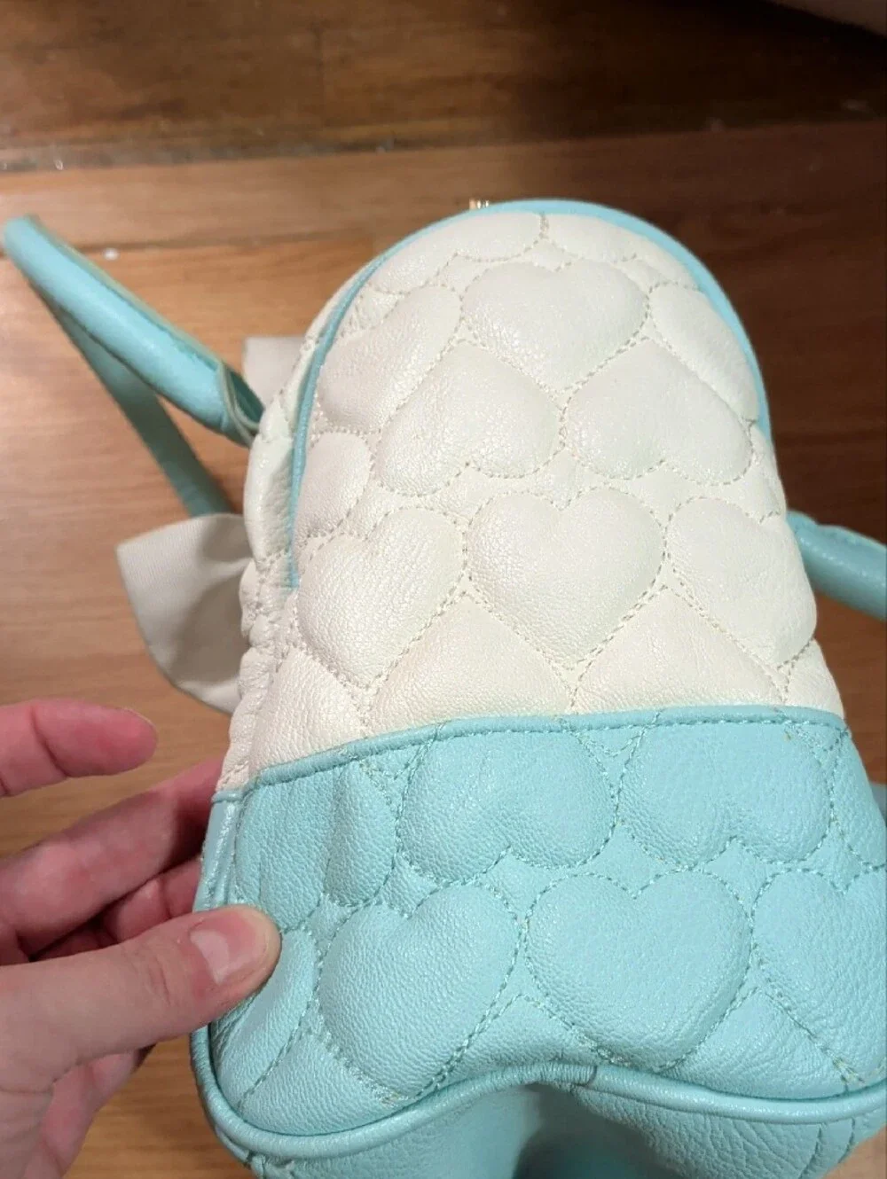 Betsey Johnson Cream & Light Blue Heart-Quilted Satchel with Bow